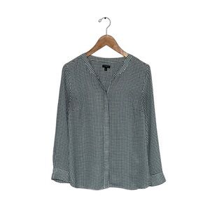 Talbots Blouse Women’s Size Medium‎ Petite Green White Houndstooth Button Flowy